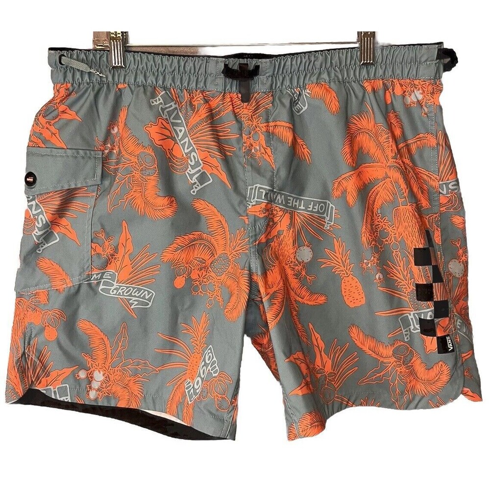 Vans Board Shorts Mens XL Grey Orange Tropical Palm Print Cargo Pocket Buckle
